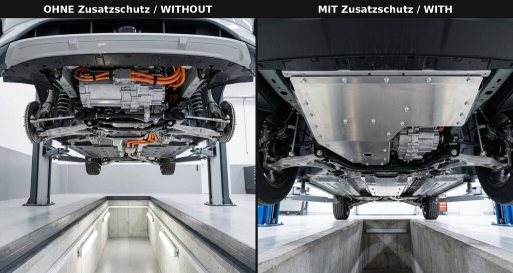 Vergleichsbild: E-Auto-Unterboden ohne und mit zusÀtzlicher Schutzplatte unter der Antriebseinheit