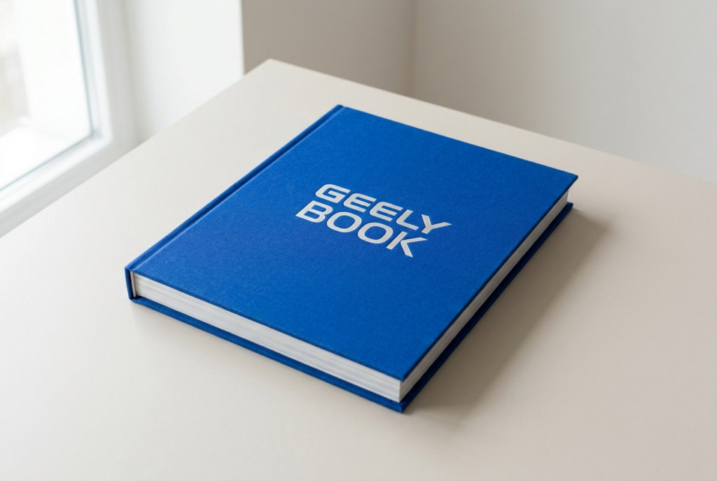 Blaues Geely EX2 Handbuch „GEELY BOOK" auf einem Schreibtisch